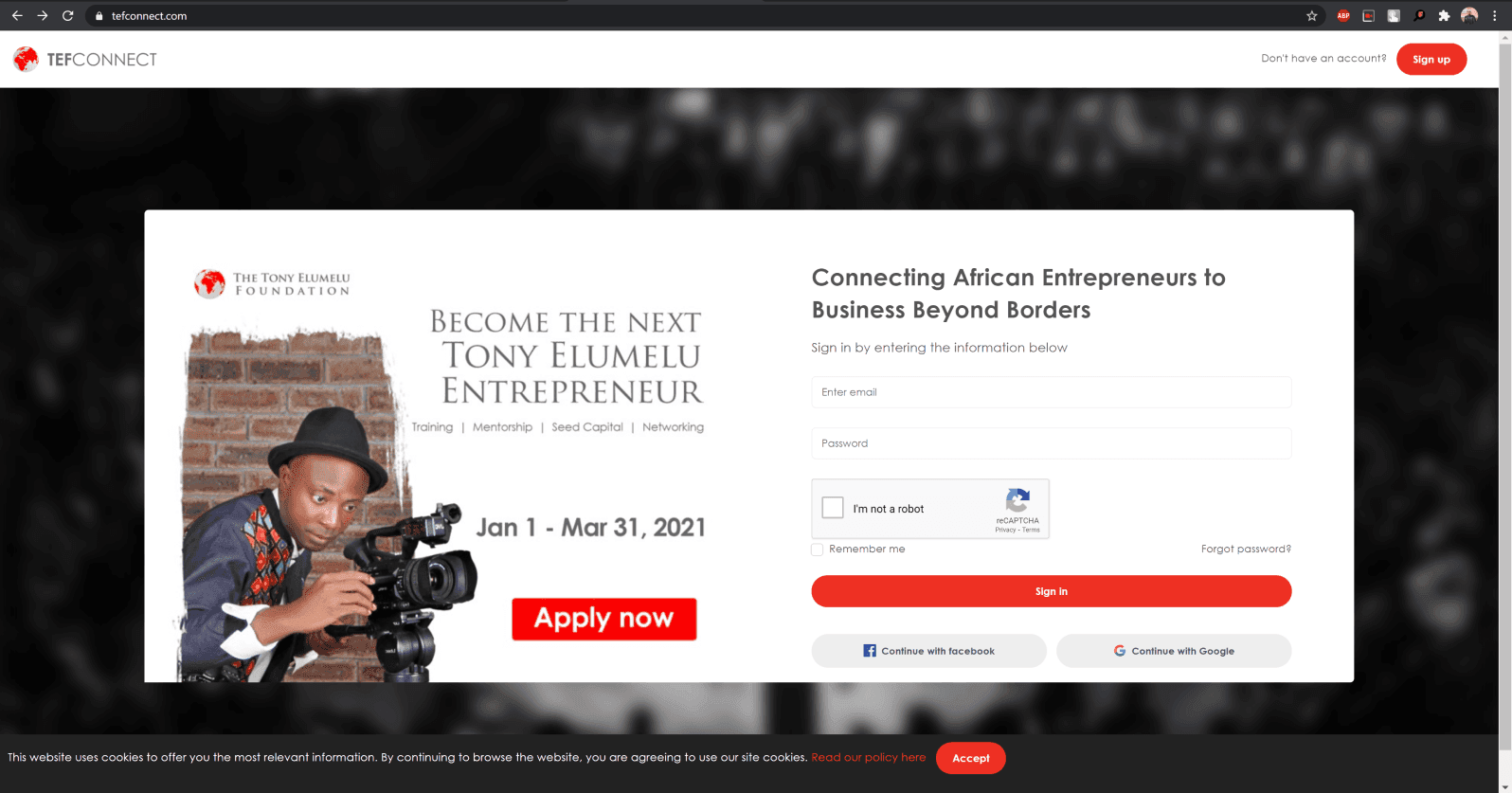 TEFConnect Login page in Jan 2021