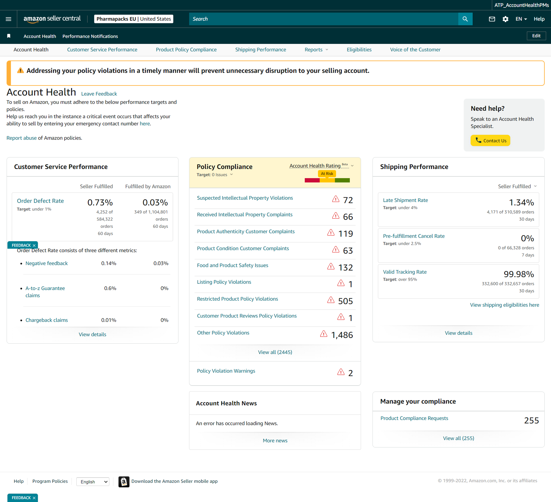Amazon Seller Central Account Health Dashboard — the existing interface