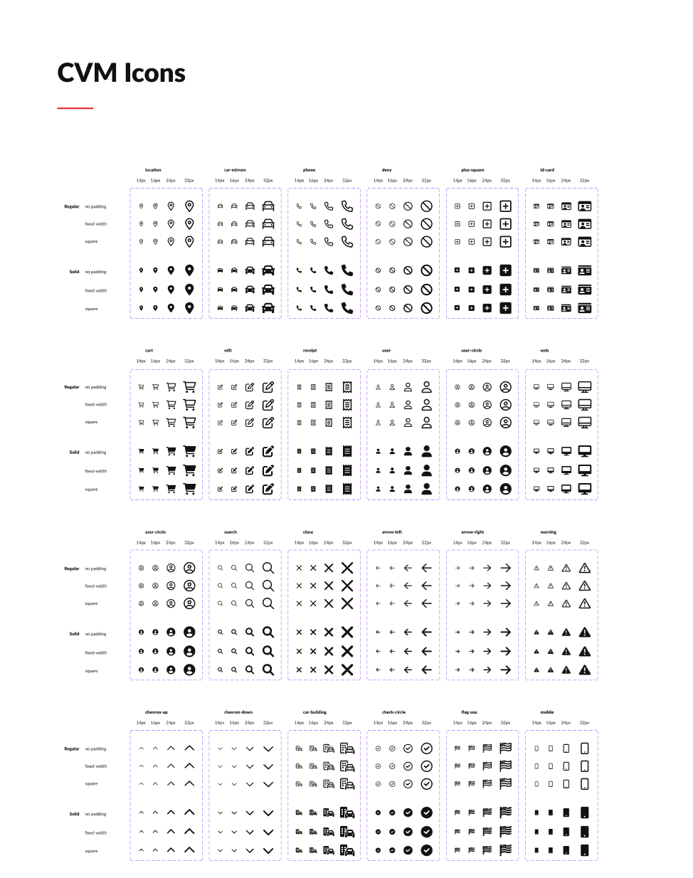 Original CVM icon sheet showing consistent icon families across sizes, weights, and formats.