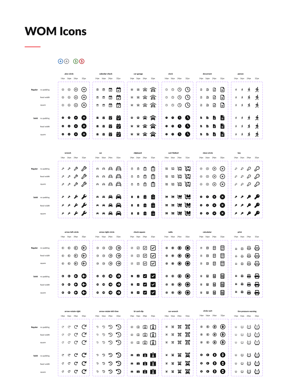 Original WOM icon sheet showing vehicle, tool, navigation, and interface icon variants.