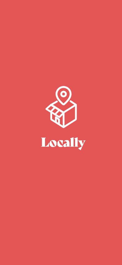 Original Locally launch screen with a white shop and location-pin logo on coral